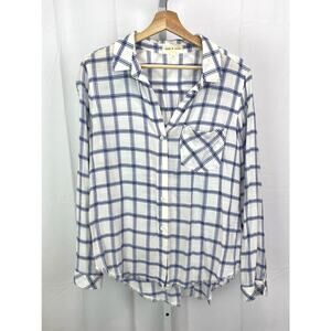 CLOTH & STONE Anthropologie Size M Windowpane Button Front Fray Hem Blue White